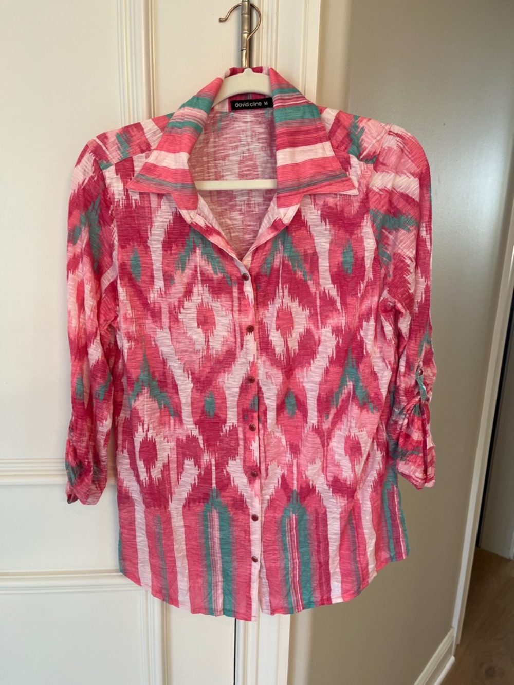 David Cline Pink and Teal Ikat Button-Down Blouse